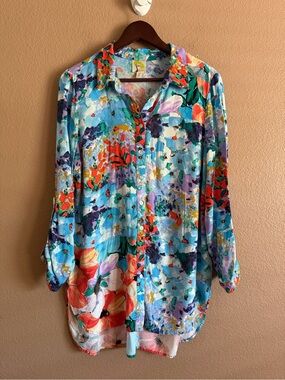fig and flower Floral Button-Down Multi Color Long Sleeve Rayon Blouse Size XL